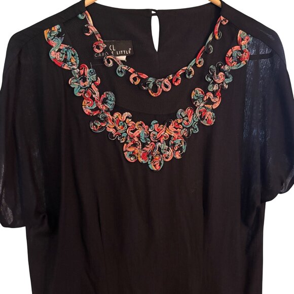 VTG '80's Carole Little Black Blouse Embroidered Sheer Bodice & Sleeve - Picture 2 of 13